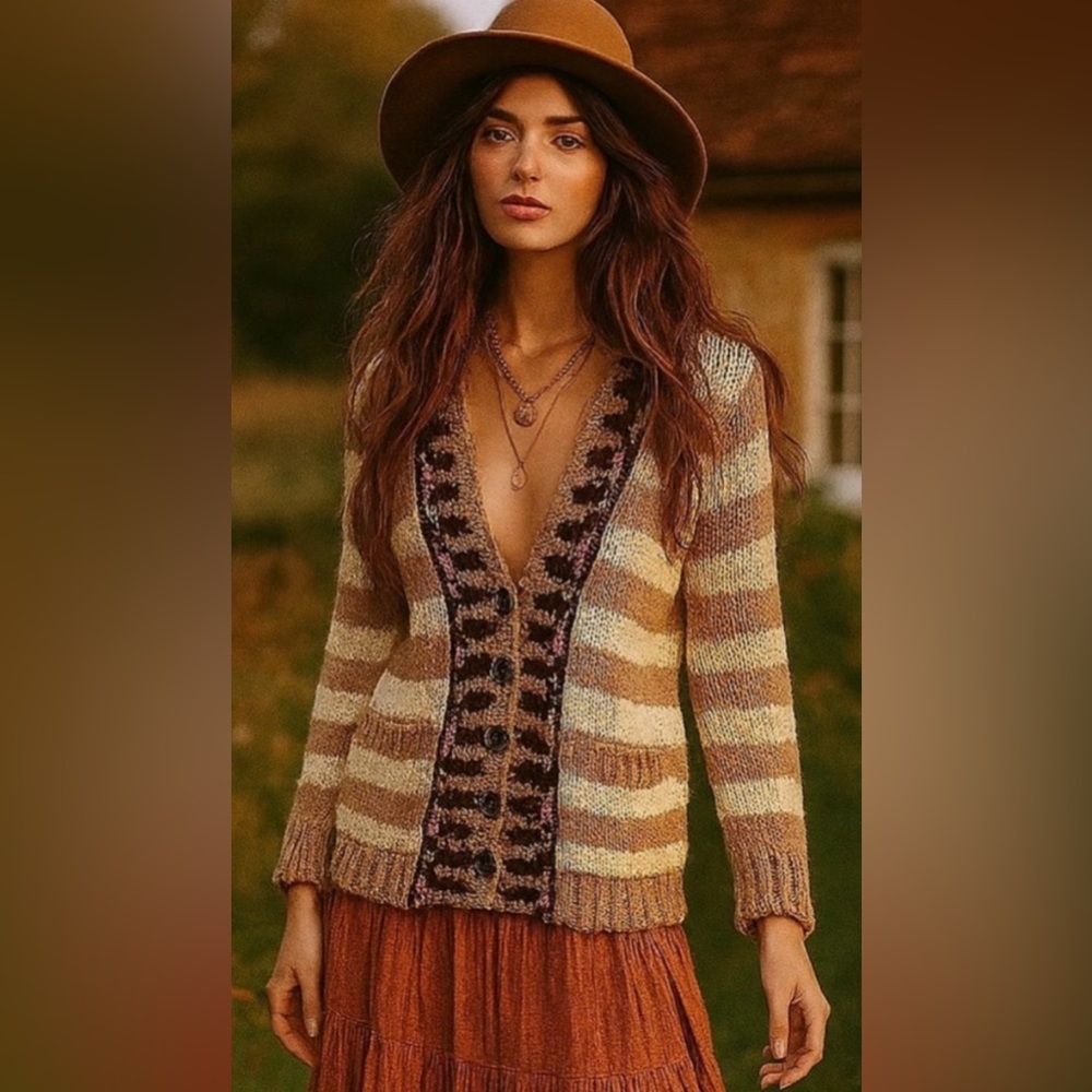 Anthropologie Sparrow Hopi Basket Striped Cardigan Wool Sweater Large Tan Cream